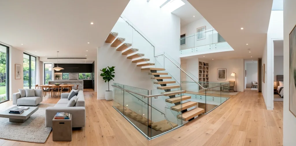 Modern duplex living room featuring a central floating staircase with glass balustrades flooded with bright natural sunlight.
