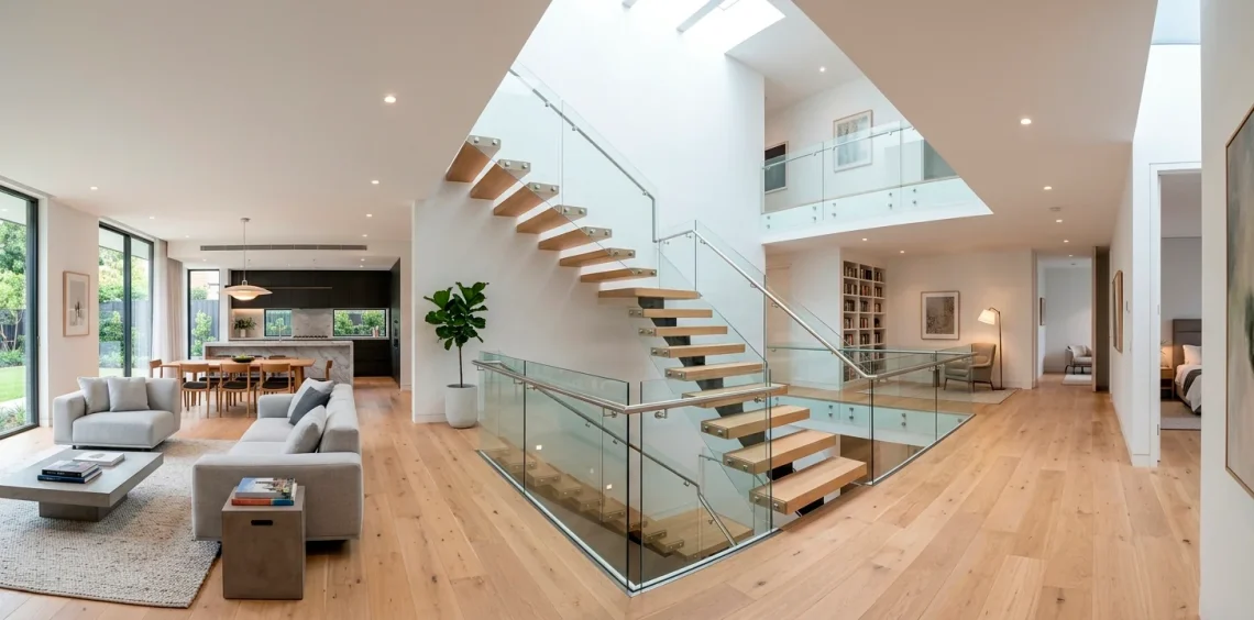 Modern duplex living room featuring a central floating staircase with glass balustrades flooded with bright natural sunlight.