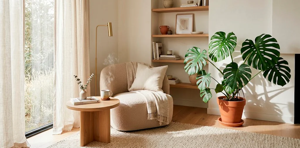 Minimalist zen reading nook with a curved chair, wooden side table, and large indoor plants bathed in soft sunlight.