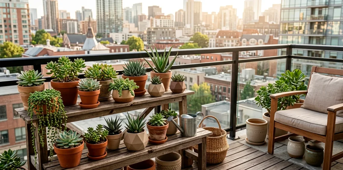 Lush succulent garden on a sunlit urban balcony with terracotta pots and city background.