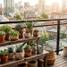 Lush succulent garden on a sunlit urban balcony with terracotta pots and city background.