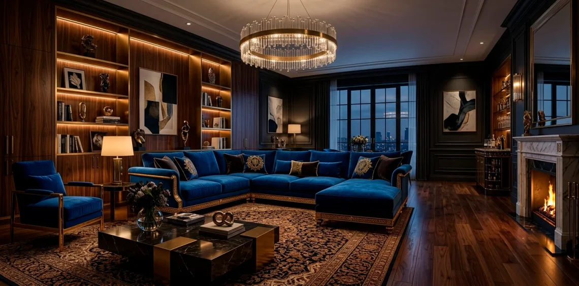 Luxurious living room featuring a bespoke sapphire blue velvet sofa with gold accents and moody light
