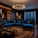 Luxurious living room featuring a bespoke sapphire blue velvet sofa with gold accents and moody light