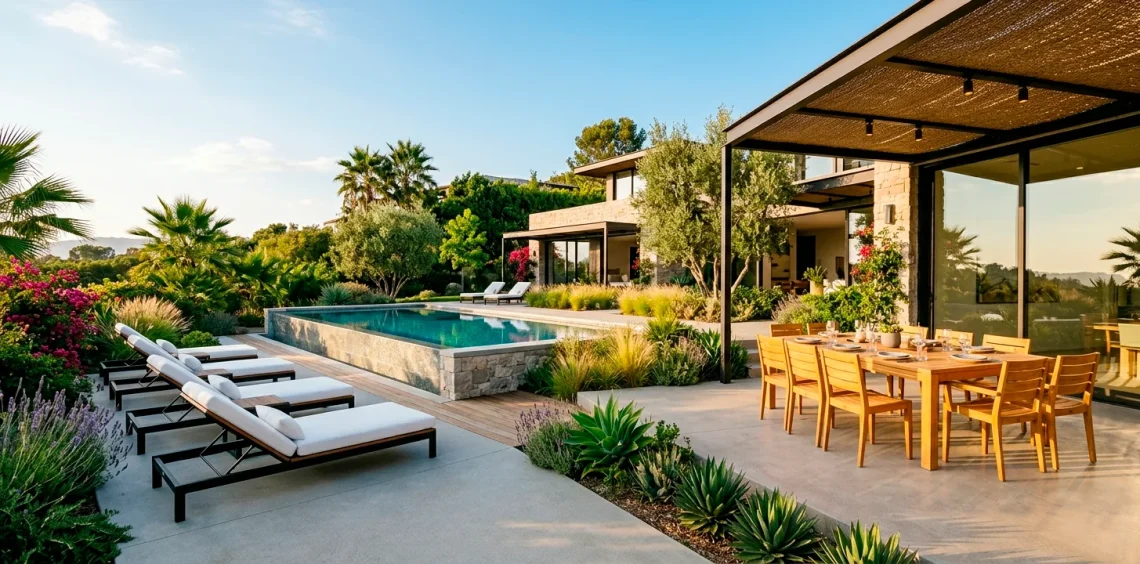 Modern weather-resistant patio furniture set on a sunny luxury backyard deck with teak and aluminum pieces.
