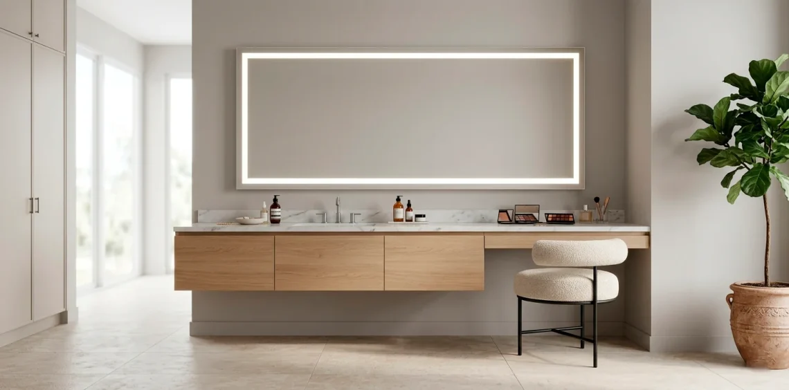 Elegant modern dressing room featuring a beautifully lit vanity mirror for the perfect makeup lighting setup.