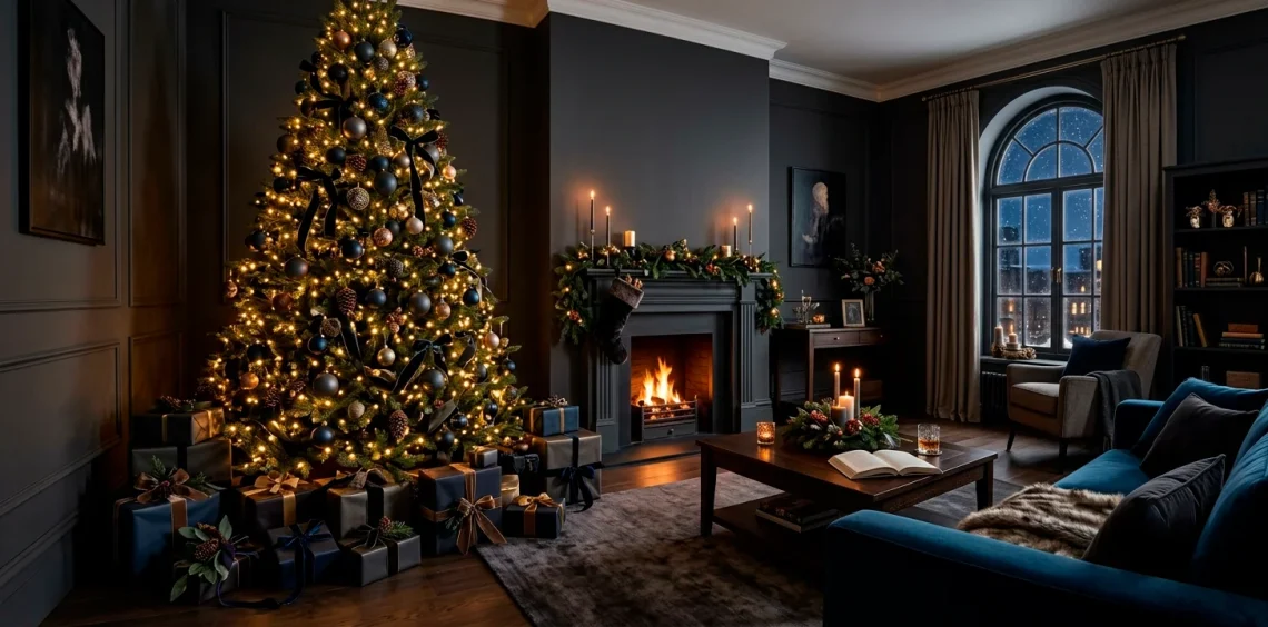 Sophisticated moody living room featuring a Christmas tree decorated with navy blue and charcoal ornaments