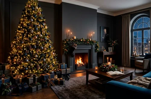 Sophisticated moody living room featuring a Christmas tree decorated with navy blue and charcoal ornaments