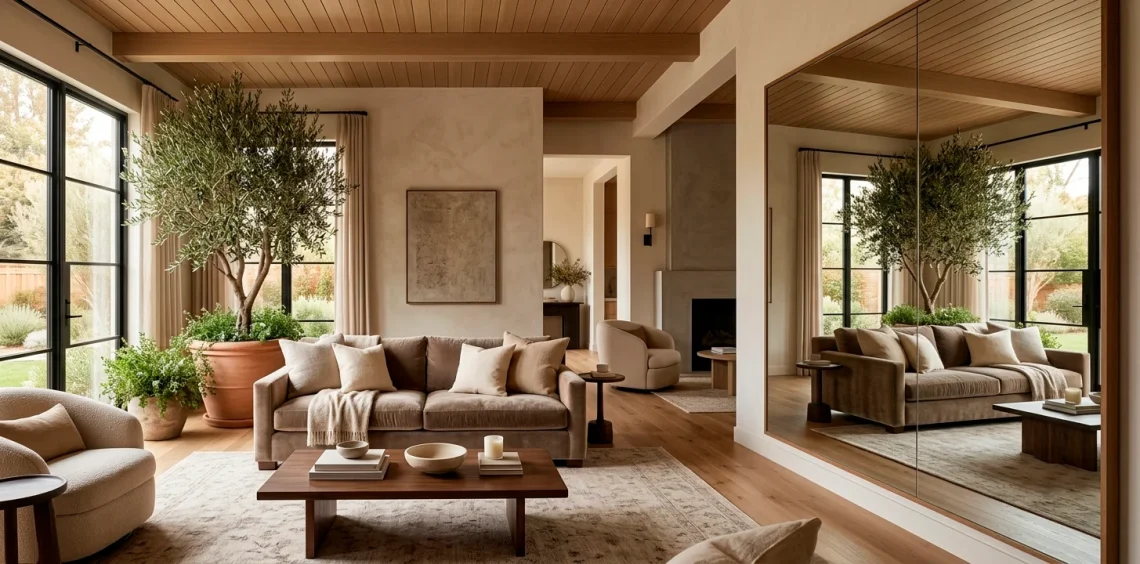 Large floor-to-ceiling mirror leaning against a living room wall reflecting natural light and an olive tree.