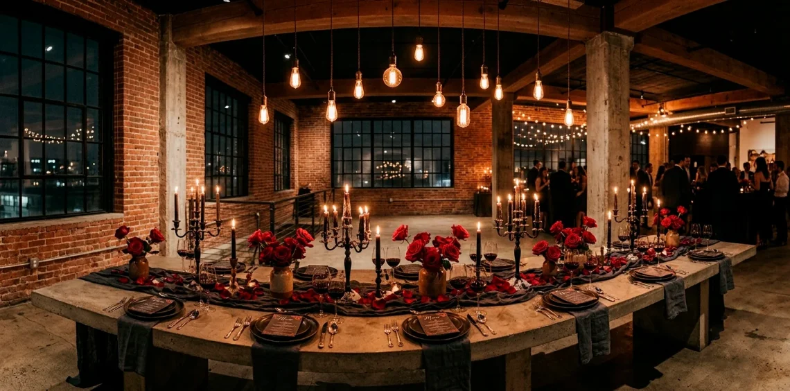 Sophisticated industrial Valentine's party setup featuring exposed brick, a concrete table, dark linen, and amber Edison bulbs.