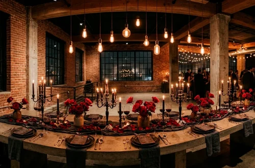Sophisticated industrial Valentine's party setup featuring exposed brick, a concrete table, dark linen, and amber Edison bulbs.