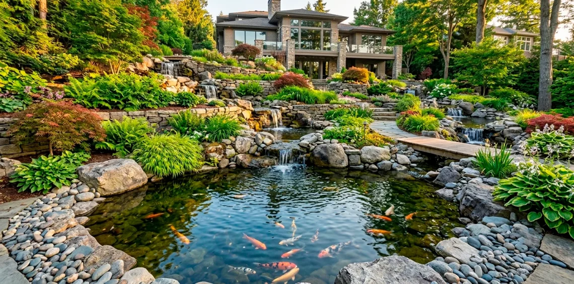 A stunning sloped backyard transformed into a terraced koi pond with cascading waterfalls and lush greenery.