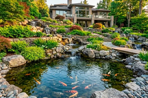 A stunning sloped backyard transformed into a terraced koi pond with cascading waterfalls and lush greenery.