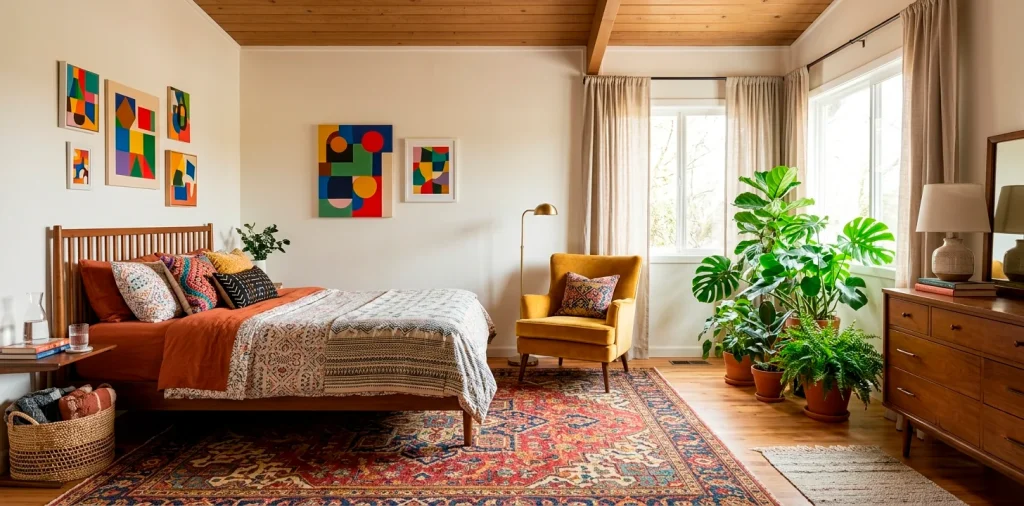 Vibrant eclectic guest room featuring a mid-century bed, bohemian rug, mustard velvet chair, and modern abstract art.