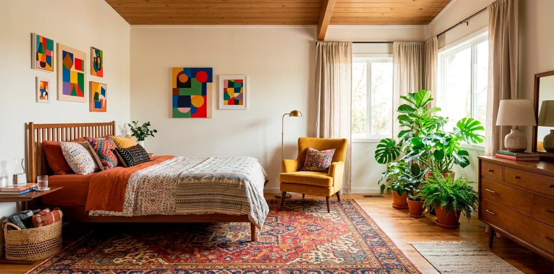 Vibrant eclectic guest room featuring a mid-century bed, bohemian rug, mustard velvet chair, and modern abstract art.