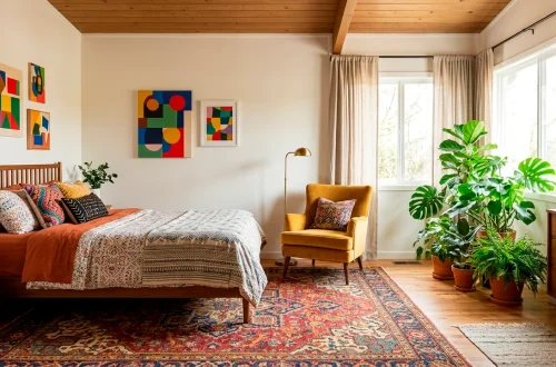 Vibrant eclectic guest room featuring a mid-century bed, bohemian rug, mustard velvet chair, and modern abstract art.
