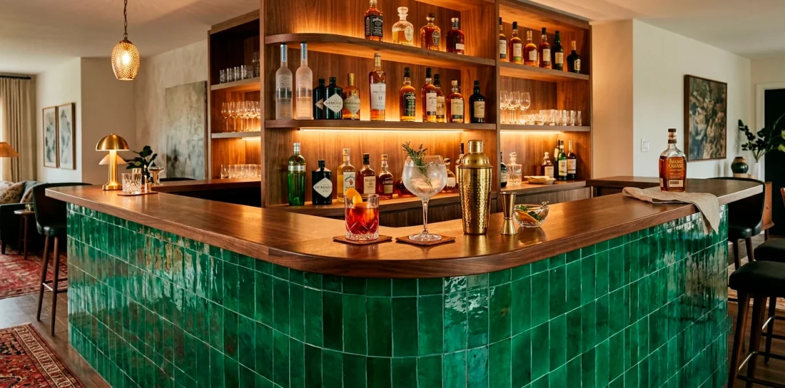 A luxurious home bar featuring a glossy emerald green zellige tiled counter and warm ambient lighting.