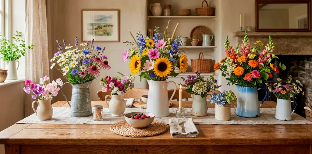 Rustic wooden dining table featuring a collection of farmhouse pitchers filled with fresh spring garden bouquets.