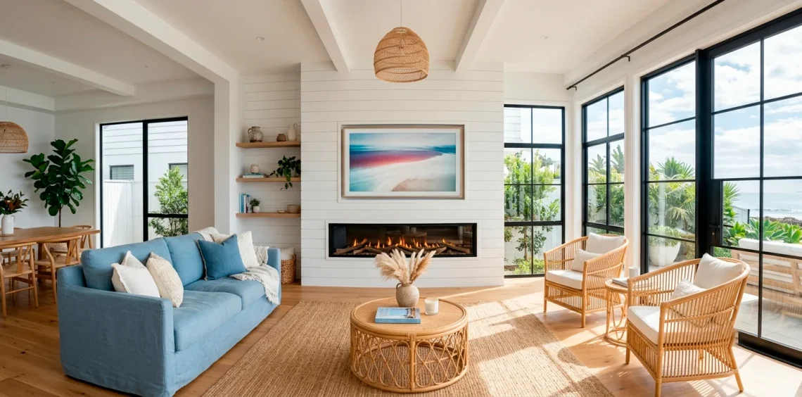 Coastal living room with a white shiplap TV wall and integrated fireplace surrounded by nautical decor.