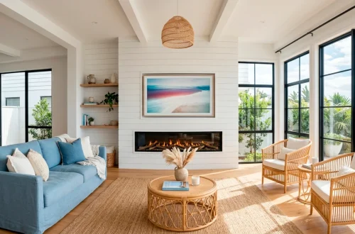 Coastal living room with a white shiplap TV wall and integrated fireplace surrounded by nautical decor.