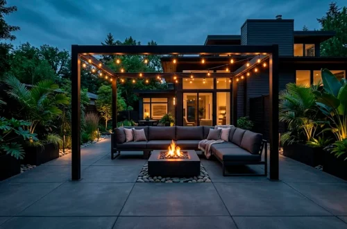 Wide view of a modern moody charcoal gray backyard patio at dusk with a fire pit and string lights.
