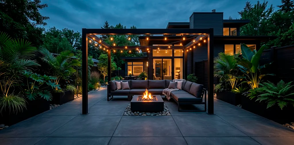 Wide view of a modern moody charcoal gray backyard patio at dusk with a fire pit and string lights.