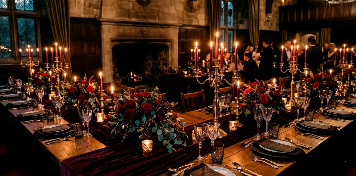 Luxurious gothic wedding table with dark velvet, glowing taper candles, and red roses