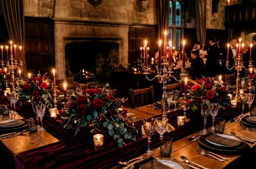 Luxurious gothic wedding table with dark velvet, glowing taper candles, and red roses