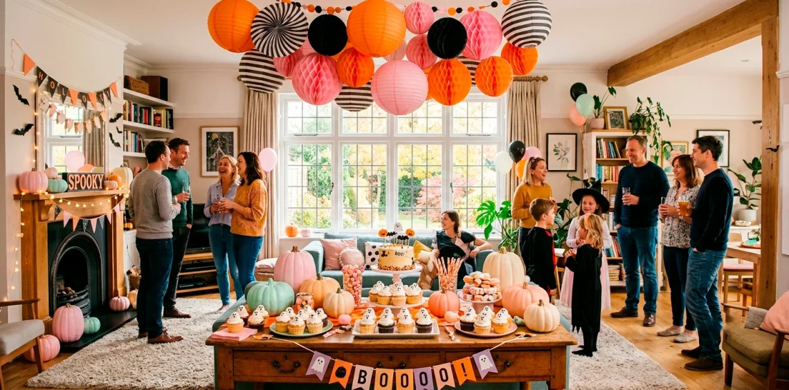 Colorful family-friendly Halloween party decor with pastel pumpkins and paper lanterns in a bright living room.