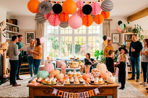 Colorful family-friendly Halloween party decor with pastel pumpkins and paper lanterns in a bright living room.