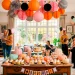 Colorful family-friendly Halloween party decor with pastel pumpkins and paper lanterns in a bright living room.