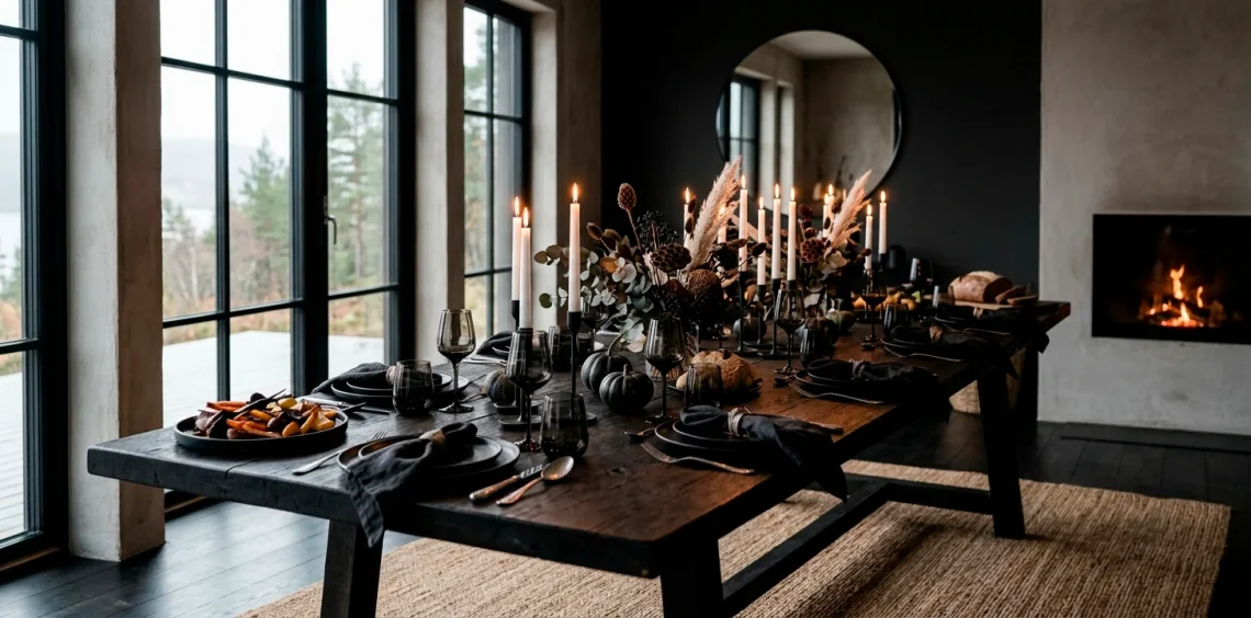 Moody Scandi-Noir Thanksgiving dining table setting with black plates and white candles