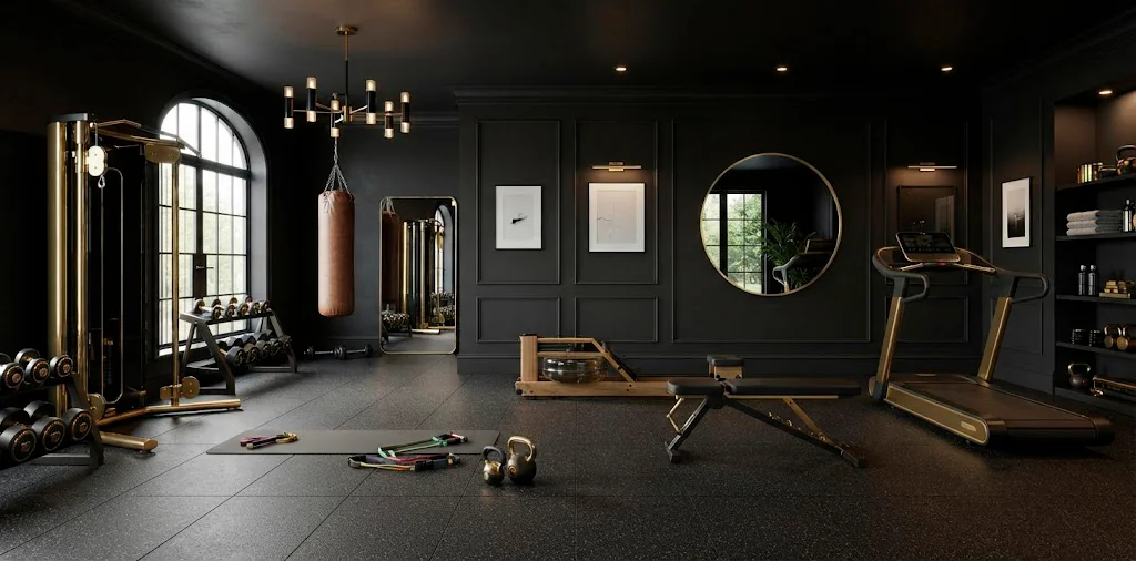 Luxurious home gym interior featuring matte black walls and sophisticated gold fitness equipment accents
