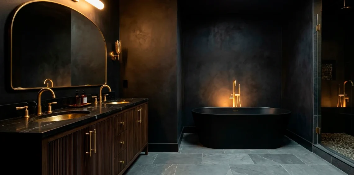 Luxurious moody bathroom featuring high-contrast brass hardware against dark matte black walls.