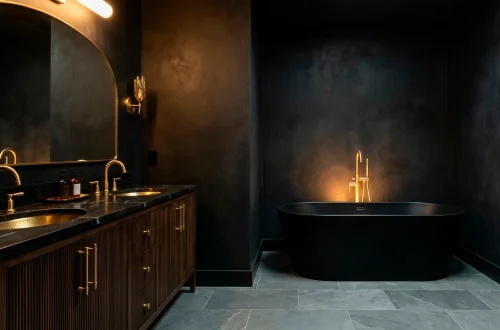 Luxurious moody bathroom featuring high-contrast brass hardware against dark matte black walls.