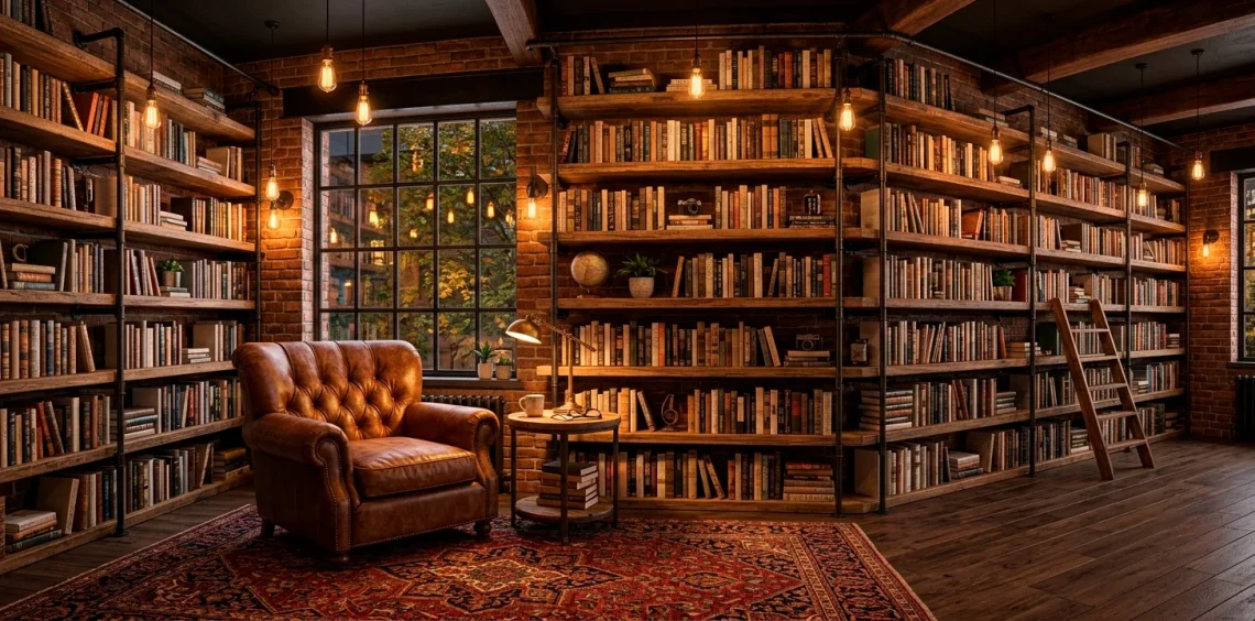 Rustic industrial home library featuring reclaimed wood shelves, black iron pipes, and a cozy leather reading chair.