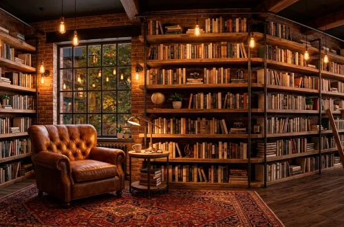 Rustic industrial home library featuring reclaimed wood shelves, black iron pipes, and a cozy leather reading chair.