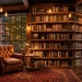 Rustic industrial home library featuring reclaimed wood shelves, black iron pipes, and a cozy leather reading chair.