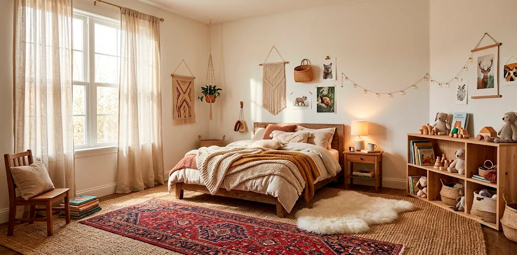 Cozy bohemian kids bedroom featuring layered jute and colorful Persian rugs with chunky knit textiles and warm lighting.