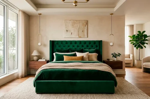 Luxurious modern bedroom featuring an emerald green velvet statement bed