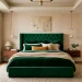 Luxurious modern bedroom featuring an emerald green velvet statement bed