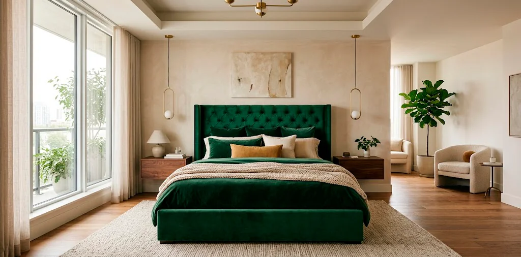 Luxurious modern bedroom featuring an emerald green velvet statement bed