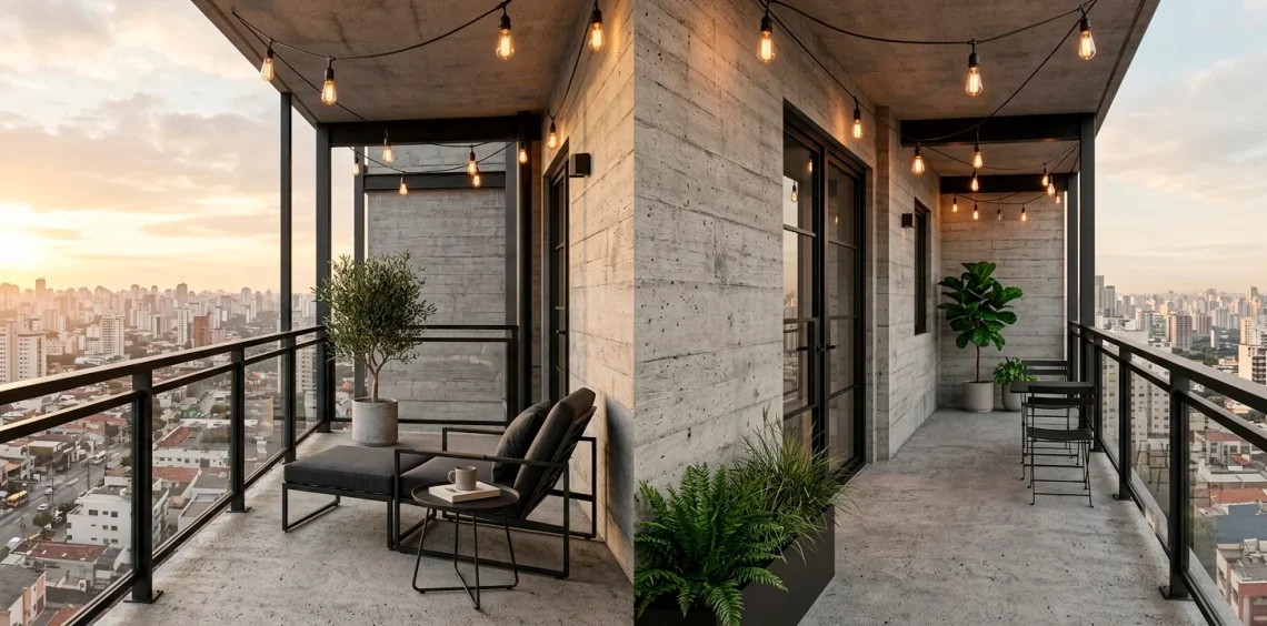 Modern industrial balcony featuring concrete walls and steel furniture