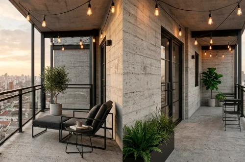 Modern industrial balcony featuring concrete walls and steel furniture