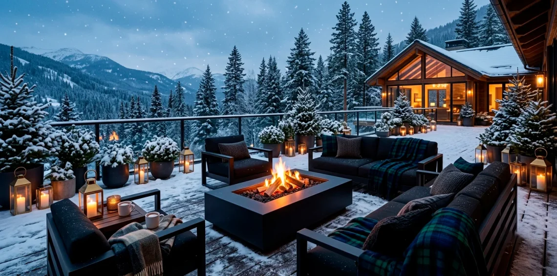 Cozy winter deck featuring modern black furniture, a glowing fire pit, and Black Watch plaid blankets
