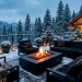 Cozy winter deck featuring modern black furniture, a glowing fire pit, and Black Watch plaid blankets