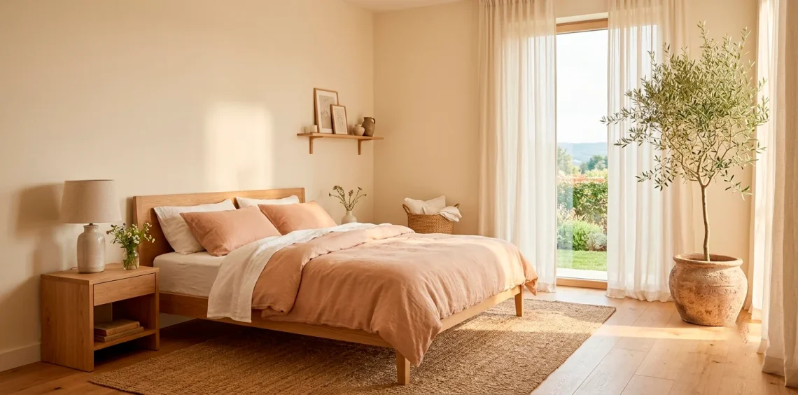 A wide view of a soft minimalist bedroom featuring a natural oak bed, creamy walls, and an olive tree illuminated by spring sunlight.