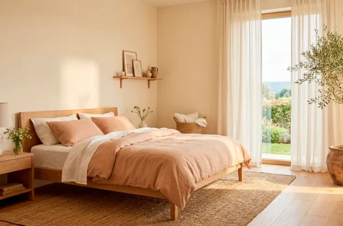A wide view of a soft minimalist bedroom featuring a natural oak bed, creamy walls, and an olive tree illuminated by spring sunlight.