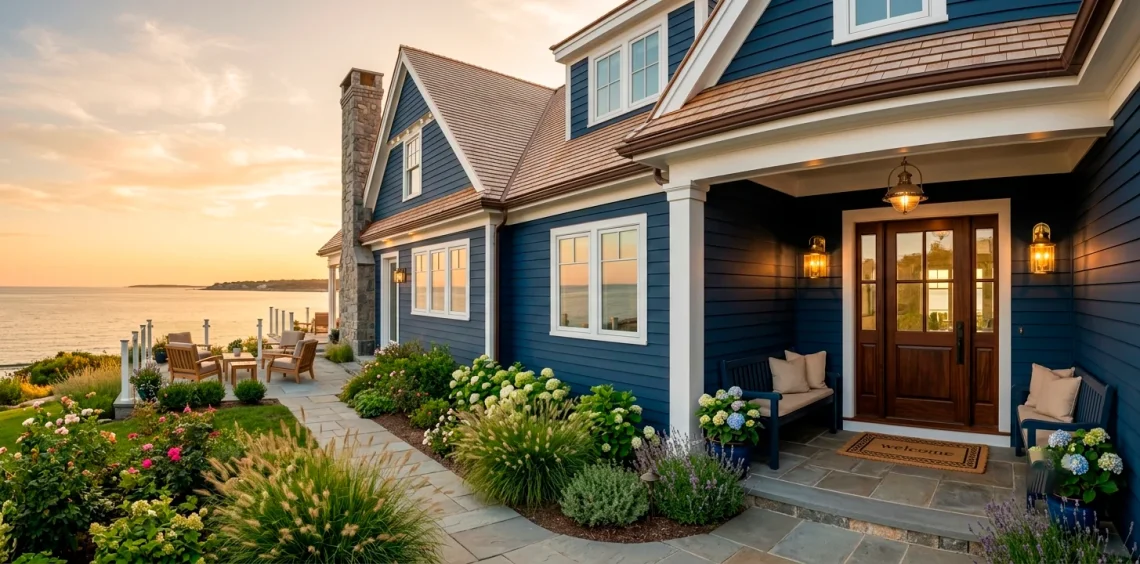 Sophisticated home exterior featuring navy blue siding and gleaming brass nautical accents during golden hour