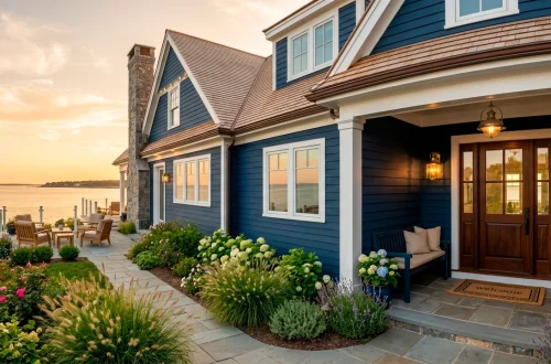 Sophisticated home exterior featuring navy blue siding and gleaming brass nautical accents during golden hour