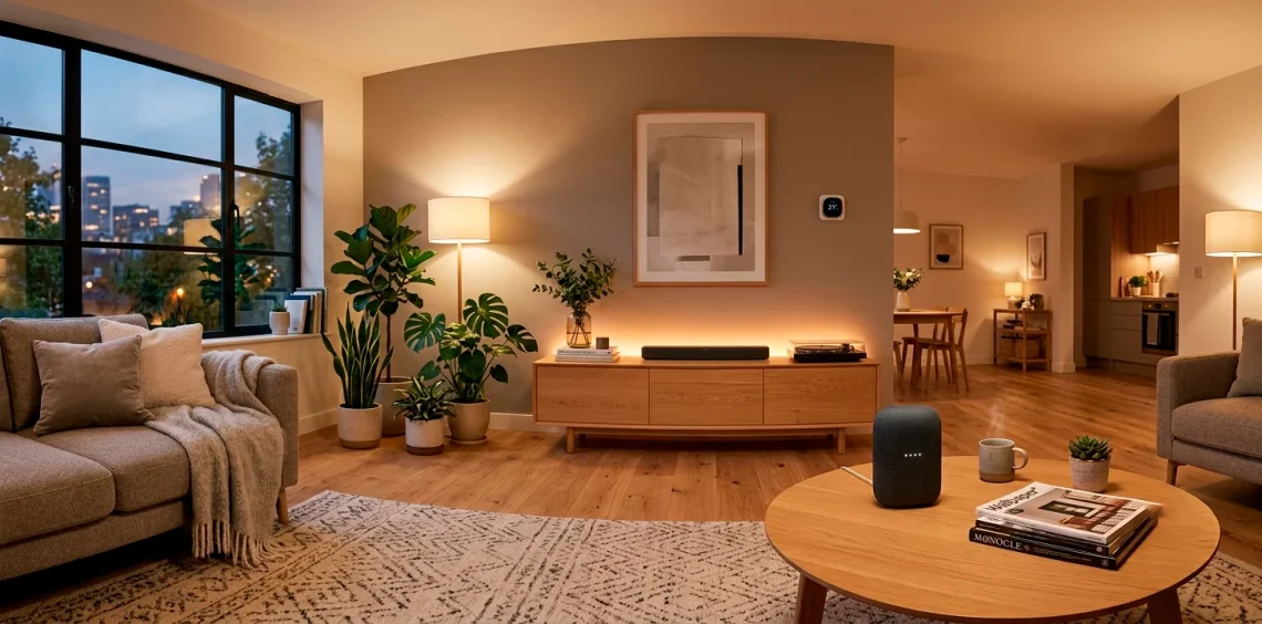 Cozy modern apartment interior featuring subtle smart lighting and a minimalist smart speaker on a wooden table